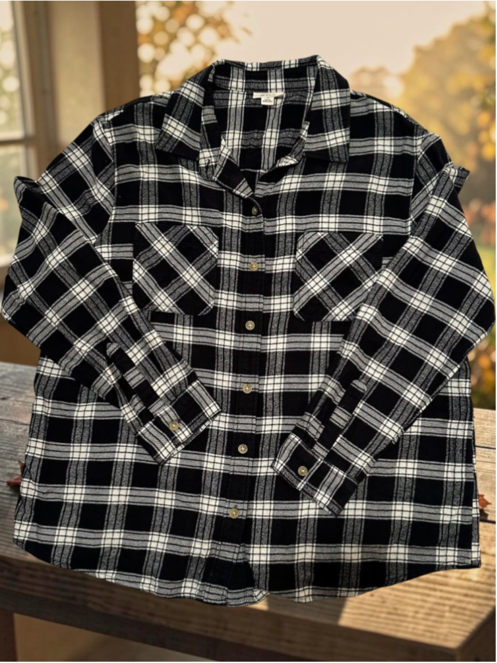 ANA Flannel Plaid Shirt Relaxed Fit Womens M Black White Long Sleeve 100% Cotton